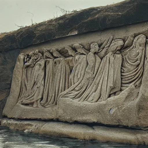 Image similar to detailed footage of european writing in stone in a river, photographic journalism, realistic, european river, carvings of drought and famine