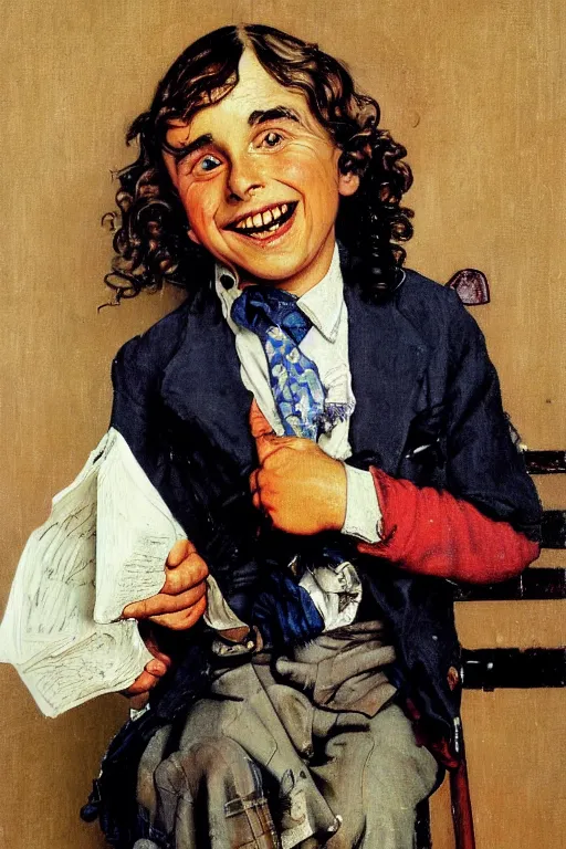 Image similar to a portrait painting of Tiny Tim. Painted by Norman Rockwell