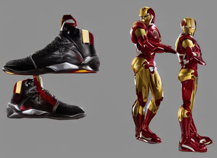 Image similar to basketball sneakers concept of iron man, picture by tim burton, render, cinema 4 d, octane render