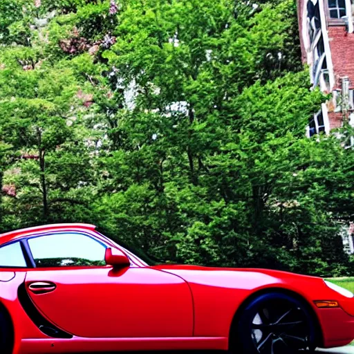 Prompt: screenshot of Ferris Bueller's Day Off Ferris driving red 997 GT2 Widowmaker