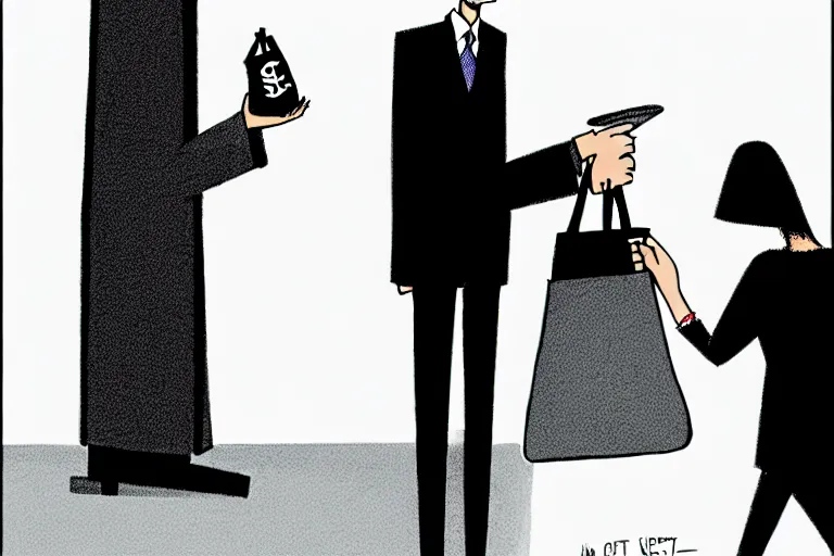 Image similar to tall, security guard checks the bags of a worried looking woman, art in the style of the new yorker,