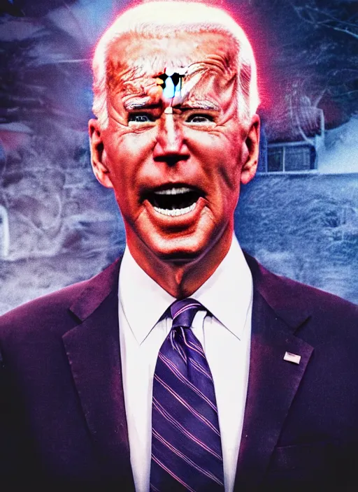 Image similar to hyper realistic ultra realistic omnipotent photo furious red glowing eyes biden, high quality photo, detailed , 8k