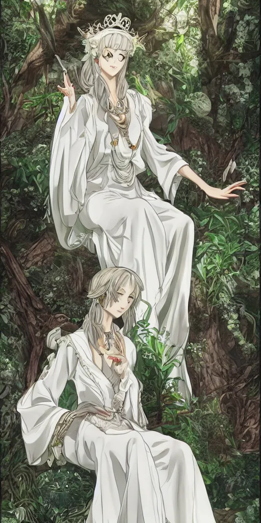 Image similar to an highly detailed magical empress sitting by herself on a sofa in a forest wearing a white robe drawn by cloverworks studio, elegant, beauty, tarot card,