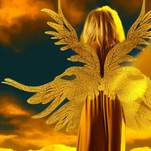 Prompt: fractal landscape golden clouds field of us coins beatific blonde woman with wings high detail 8 k