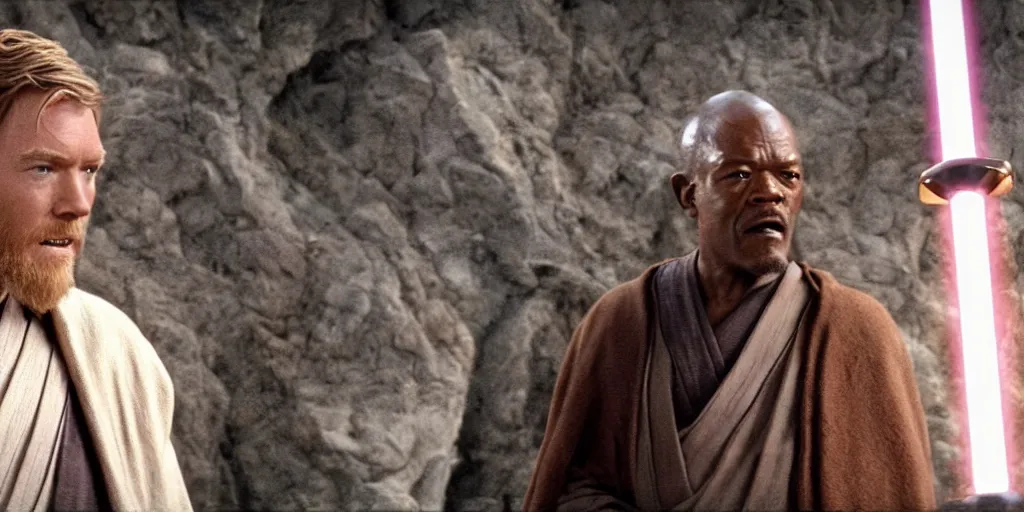 Image similar to obi - wan kenobi disney plus show, played by ewan mcgregor finds and discovers old mace windu is alive in a cave played by samuel l jackson, greet eachother, side by side, old friends, ultra realistic, 4 k, movie still, uhd, sharp, detailed, cinematic, render, modern