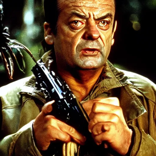 Image similar to del boy in predator, epic quality, hard sci fi, dramatic, sharp focus, realistic, 4 k, dimly lit