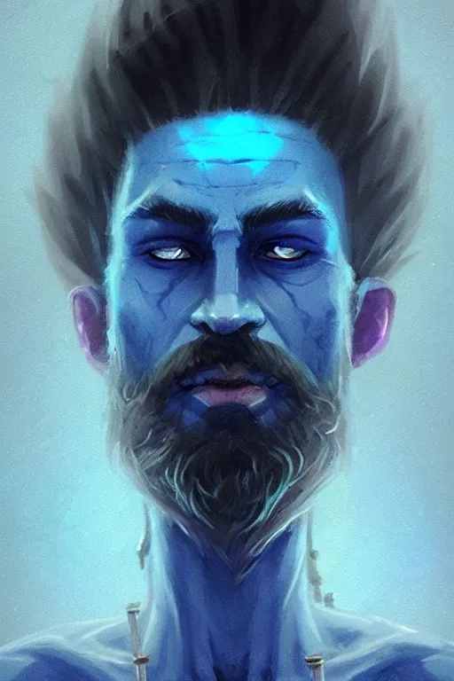 Image similar to portrait of a blue skin genasi with a square jaw from d & d by greg rutkowski, dreadlocks and small beard, tempest priest, runic rings, d & d character, blue, black background, highly detailed portrait, digital painting, artstation, concept art, smooth, sharp foccus ilustration, artstation hq