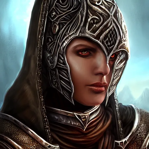 Prompt: unknown the elder scrolls vi hammerfall, charismatic rugged female redguard character portrait partially clothed in hooded metal - plated exquisitely detailed hooded battle armour, desert, tropical jungle setting, atmospheric lighting, painted, intricate, volumetric lighting, beautiful, rich deep colours masterpiece, sharp focus, ultra detailed