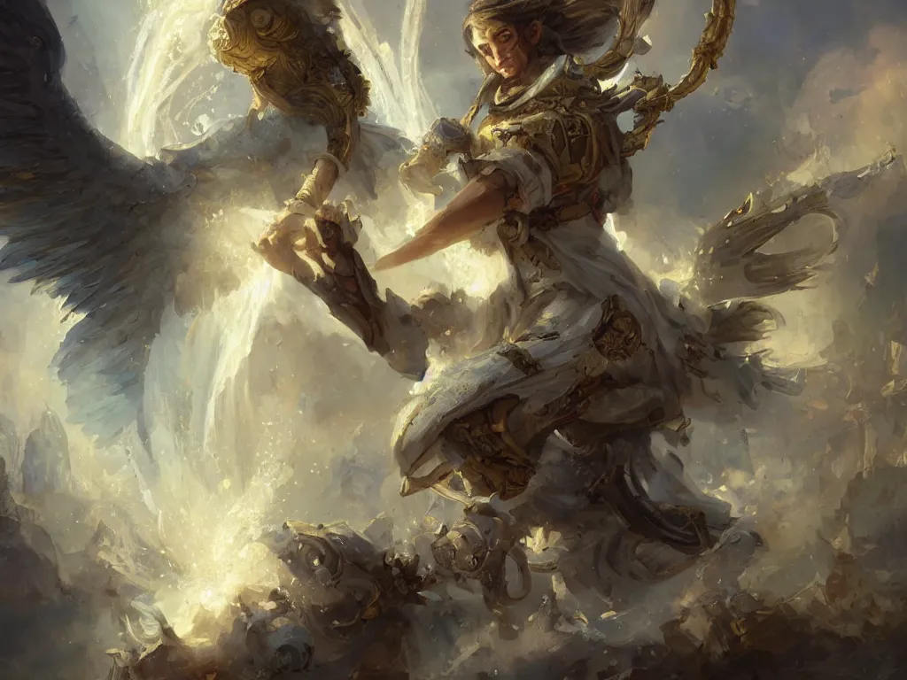 Prompt: an artificer angel in the baroque era, hearthstone art style, epic fantasy style art by Craig Mullins, fantasy epic digital art, epic fantasy card game art by Greg Rutkowski