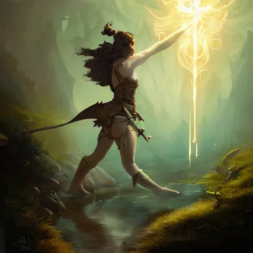 Prompt: a female fantasy halfling hobbit fistfighter, speaking to her glowing goddess of mist and light, detailed dynamic light painting by peter mohrbacher and albrecht anker