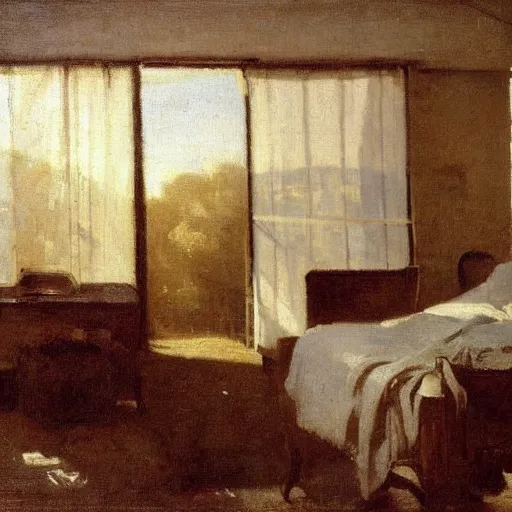 Prompt: the sunlight rays of golden hour shine upon a peaceful bedroom. still life., by camille corot