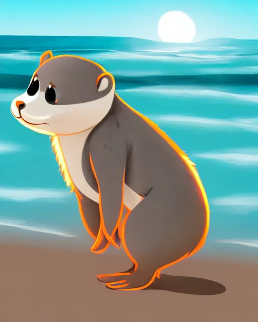 Image similar to a cute anthropomorphic grey otter fursona furry on the beach wearing a wetsuit holding a surfboard, turquoise hair orange nose, smiling, sunset, volumetric light, detailed, photorealistic, 4 k, hdr, artstation, deviantart, digital illustriation