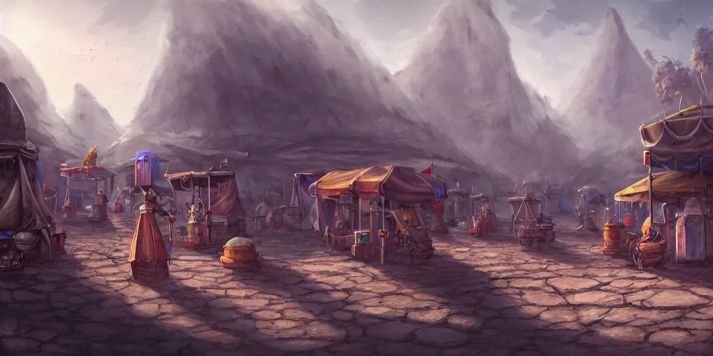 Prompt: robotic merchants in tents, trading town square, matte oil painting, retrofuturistic, concept art, quarrying, science fantasy, mutant, lgbt, queer, rpg, epic, rusted, white salt, badlands, jungles, dungeons & dragons, sacred, sharp focus, award - winning, extremely detailed, 4 k, 8 k