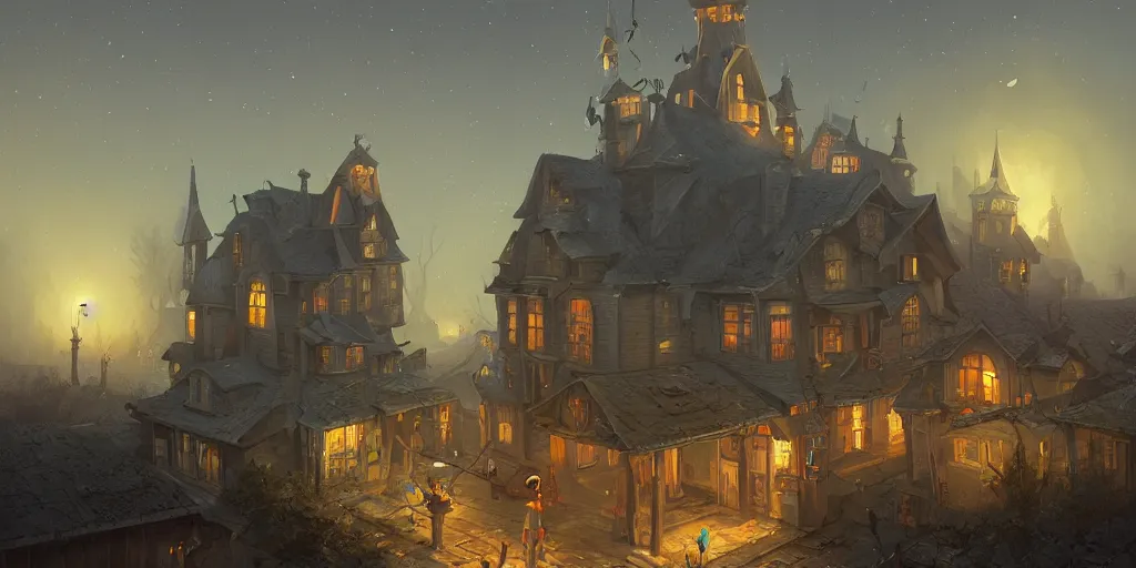 Image similar to illustration of close - up street view of pipe organ town, night, ground fog, by peter mohrbacher, by alex andreev, by jacek yerka, large depth of field, super detailed, digital art, trending on artstation, minimalism