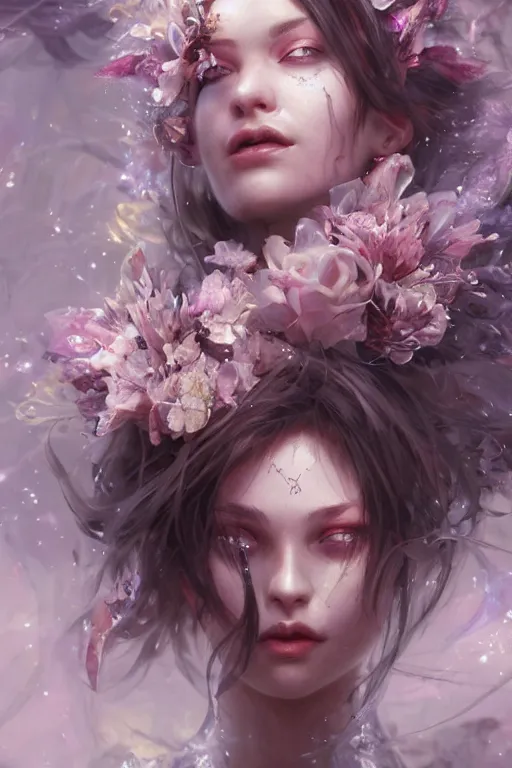 Prompt: fairy face closeup of beautiful girl necromancer, witch - doctor covered with crystals exploding into ice, 3 d render, hyper realistic detailed portrait, holding magic flowers, ruan jia, wlop. scifi, fantasy, hyper detailed, octane render, concept art, peter mohrbacher