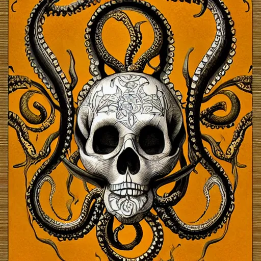Prompt: ornately carved rococo human skull octopus hybrid, delicate detailed scrimshaw pattern of occult symbols and fractal geometry, tentacles, chiaroscuro