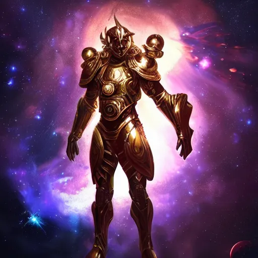 Image similar to photorealistic fantasy cosmic concept art of a cosmic god with armor made out of planets and dark matter, hovering in a unknown galaxy, fully body portrait, cinematic, dynamic lighting, ultra detailed, creative, trending on art station, stunning visuals, creative