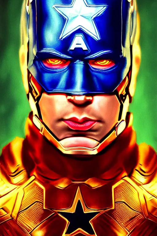 Image similar to Portrait of captain america, elegant, photorealistic, highly detailed, artstation, smooth, sharp focus, gold ornaments, neon lighting, sci-fi, art by Klimt