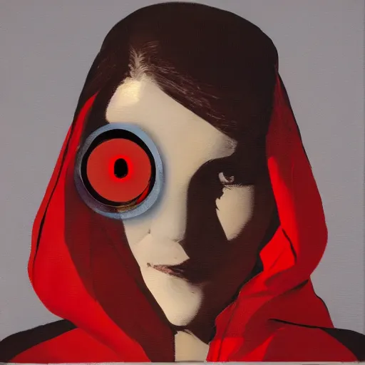 Image similar to portrait of a naive latin woman wearing a red hood, with a mechanical neon-eyed wren-bird sitting on her shoulder, oil on canvas by Yoji Shinkawa and Stina Persson