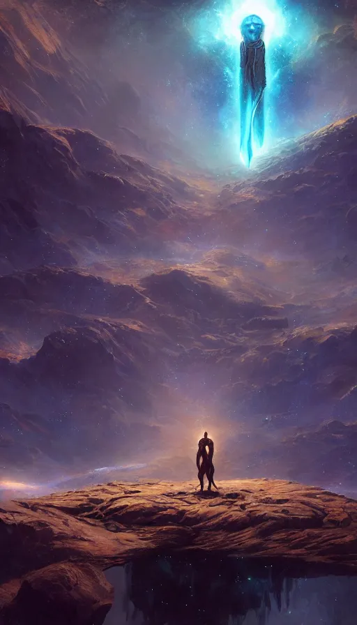 Image similar to greek god, epic scene, colors, holy, full body, galaxy, and, stars, atmosphere, unreal engine, pixar, video game, ethereal, insanely detailed, symmetrical, concept art, craig mullins, jim burns artstation, cinematic, video game, digital painting, artist maena, 4 k