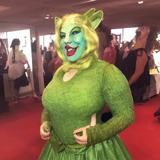 Prompt: a woman cosplaying shrek in an opera gown