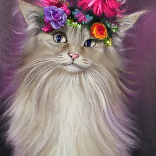 Image similar to anthromorphic fluffy long haired cat dressed in tutu with flower crown, detailed 4 k oil painting