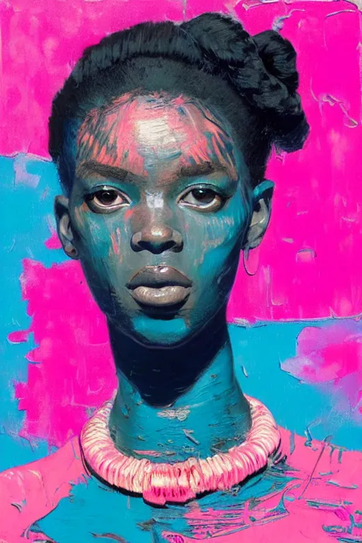 Image similar to portrait of a stylized african young lady, painted in acrylic, pigment textures, wet paint, in the colors hot pink and cyan, beautiful realistic face, rule of thirds, spotlight, by greg rutkowski, by jeremy mann, by francoise nielly, by van gogh, by ross tran, in focus