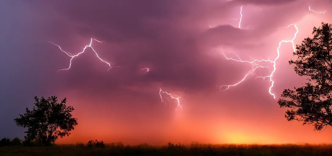 Prompt: a beautiful photo of a close lightning striking a tree, sunset, orange sky, rain, serene, volumetric lighting, volumetric clouds, ultra detail, 8 k