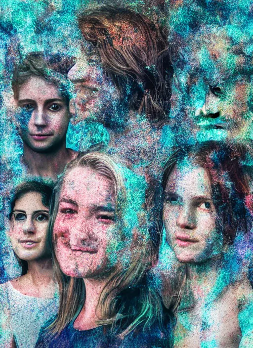 Image similar to group portraits, groups of happy humans imagining large beautiful images, text morphing into objects, highly detailed, super realistic, perfect lighting pixel sorting