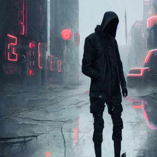 Image similar to A tall slender man in a techwear outfit, high quality, digital art, dire cyberpunk city, gray sky, neon signs in background, greg rutkowski