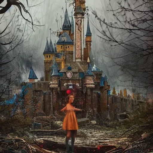 Prompt: a girl in chernobyl disneyland, disneyland castle, wasteland, forest fires light, digital illustration, by android jones and greg rutkowski, dark cloudy skies, detailed, cinematic lighting, wide angle action dynamic portrait