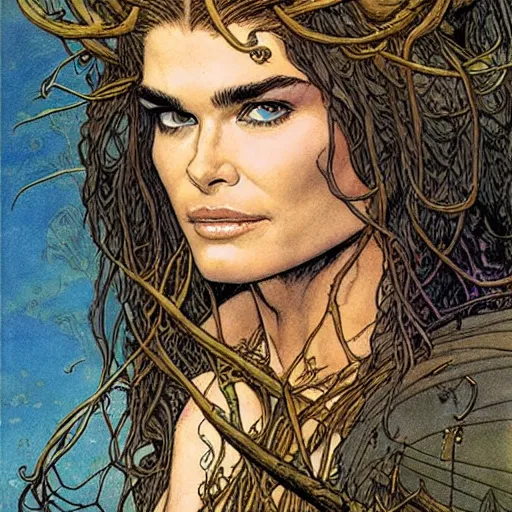 Image similar to a realistic, very beautiful and atmospheric portrait of young brooke shields as a druidic warrior wizard looking at the camera with an intelligent gaze by rebecca guay, michael kaluta, charles vess and jean moebius giraud