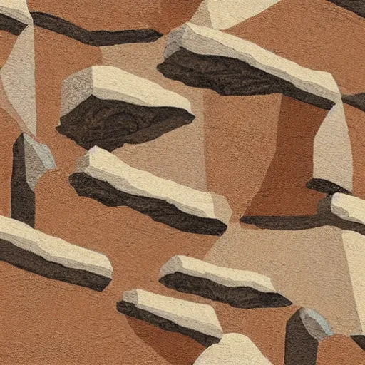 Prompt: masterpiece abstract intricate painting of detailed multiple layers of rocky material along a planer surface. highly geometric with loose sketch lines slanting down. isometric angles. beautiful use of light and shadow to create a sense of a stony landscape. using architectural brushwork and a rich earthy color palette, providing a mathematical rough sketchy look.