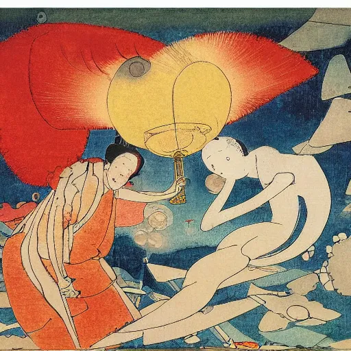 Image similar to angelic radiating fantastic shallows angle betta mayonnaise geyser machine, by katsushika hokusai and paul klee and richard dadd, speedpainting, oil on canvas, fine art