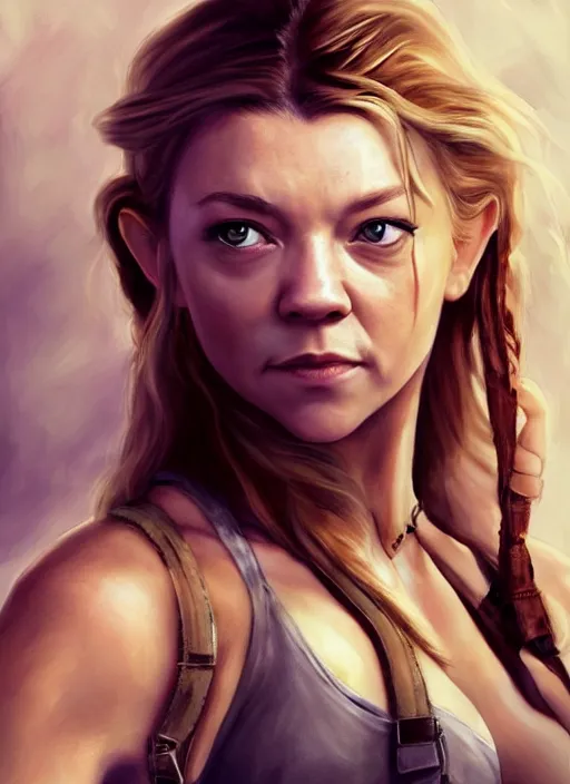 Prompt: a beautiful painting of Natalie Dormer as lara croft, detailed, trending on artstation, hd, masterpiece