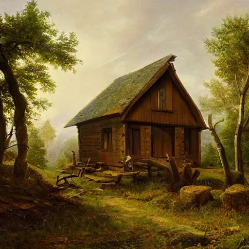 Prompt: a painting of a eerie cabin in the middle of the woods in the style of andreas achenback