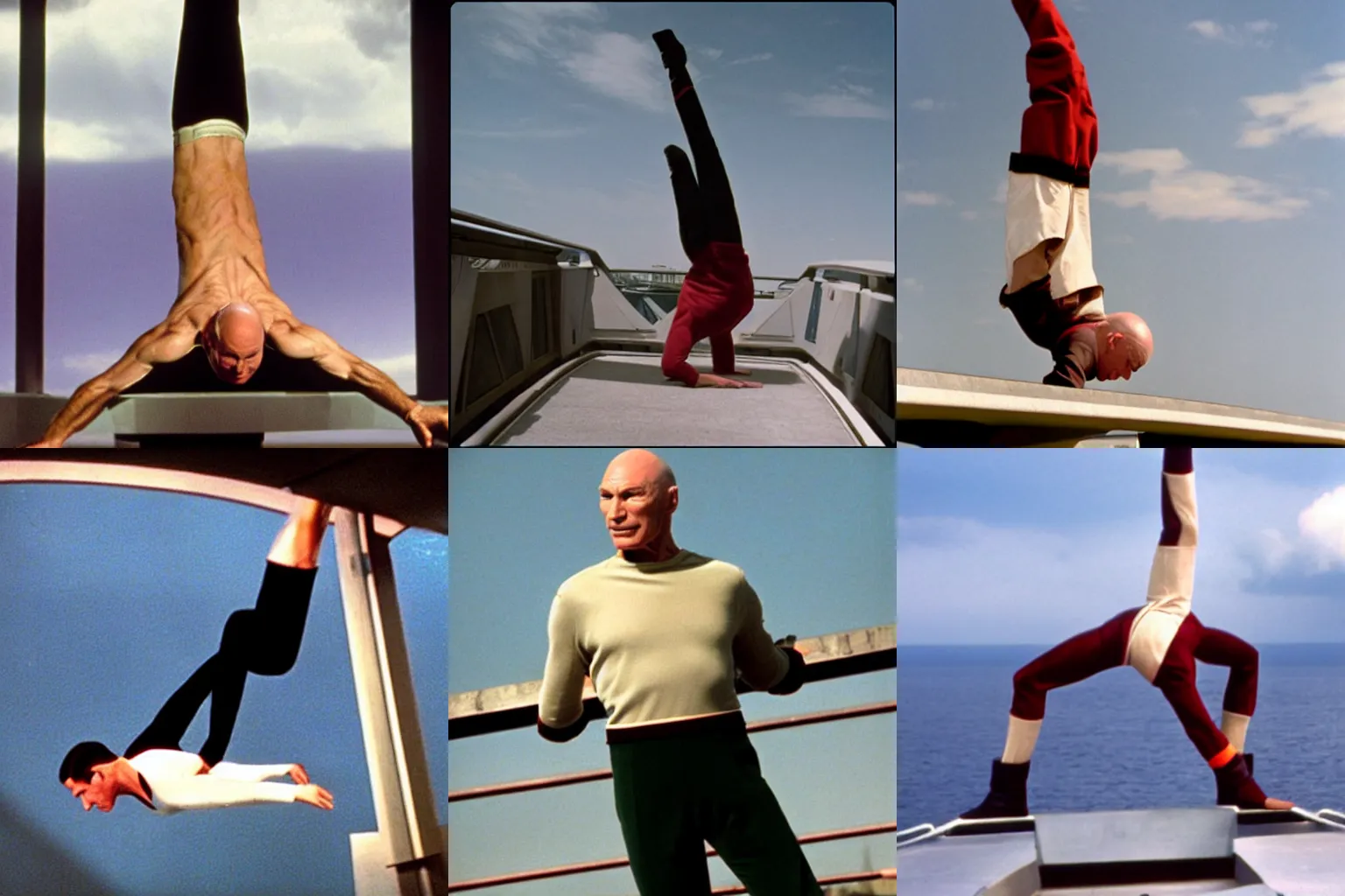 Prompt: Captain Picard doing a handstand on the bridge of the enterprise d