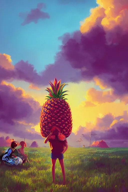 Prompt: closeup, giant pineapple under head, girl surrounded by djungle, surreal photography, golden hour, colorful clouds, impressionist painting, digital painting, artstation, simon stalenhag