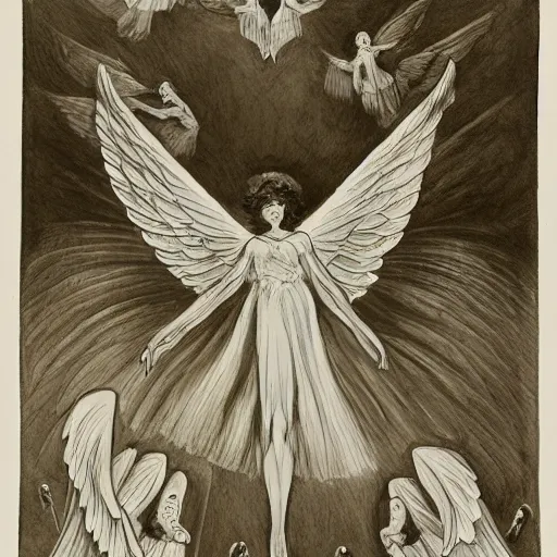 Prompt: A beautiful illustration of a winged creature, possibly an angel, flying high above a group of people in a dark, wooded area. The creature's wings are spread wide and its head is turned upwards, as if it is looking towards the sky. The people below are looking up at the creature with a mixture of awe and fear. by Miriam Schapiro manmade