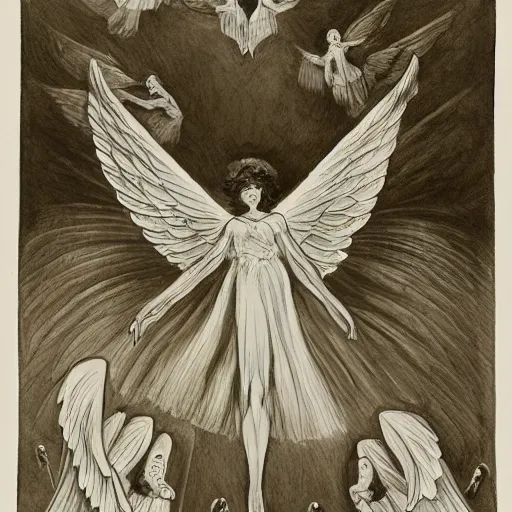 Image similar to A beautiful illustration of a winged creature, possibly an angel, flying high above a group of people in a dark, wooded area. The creature's wings are spread wide and its head is turned upwards, as if it is looking towards the sky. The people below are looking up at the creature with a mixture of awe and fear. by Miriam Schapiro manmade