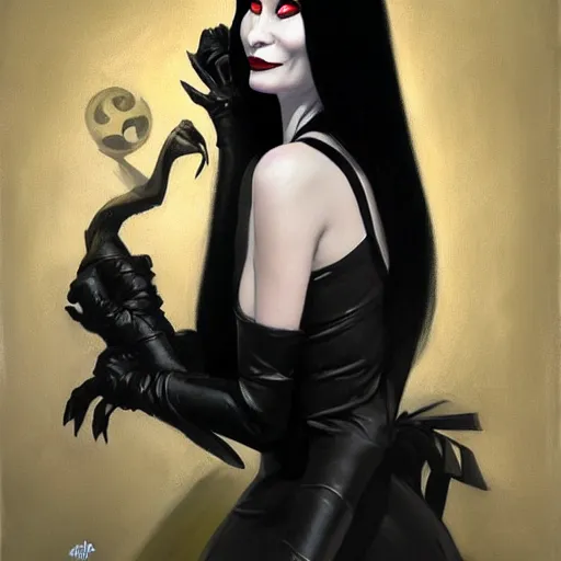 Image similar to greg manchess portrait painting of morticia from addams family as overwatch character, medium shot, asymmetrical, profile picture, organic painting, sunny day, matte painting, bold shapes, hard edges, street art, trending on artstation, by huang guangjian and gil elvgren and brom