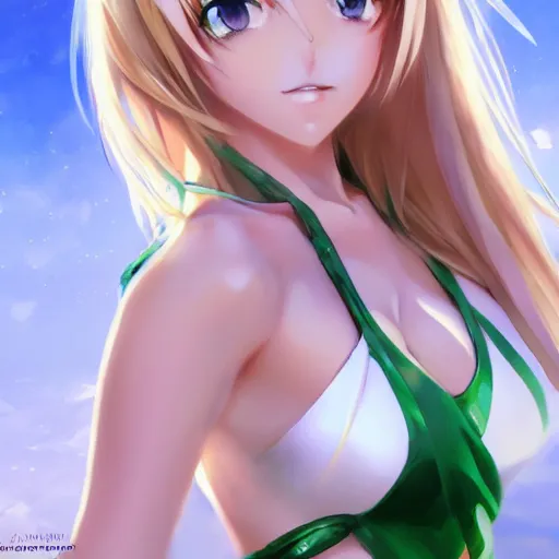 Prompt: picture : a beautiful young blond anime girl, dazzling large green eyes, bikini, white miniskirt, highly detailed, cinematic wallpaper by stanley artgerm lau