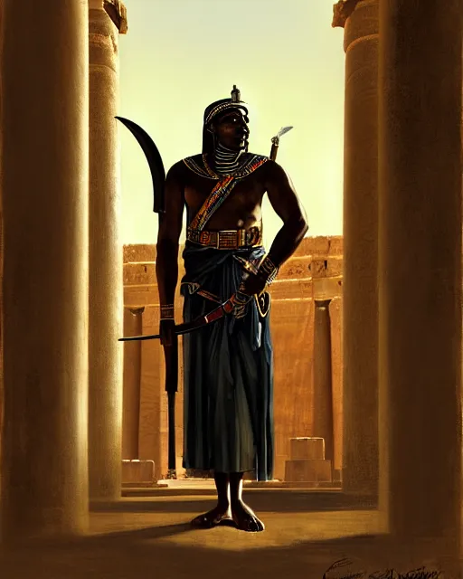 Image similar to expressive portrait of ancient nubian temple guard, armed with a long curved sword, dressed in leather and robes, standing guard of an old egyptian temple gate, mystical light, lots of ornaments, art by craig mullins and anders zorn