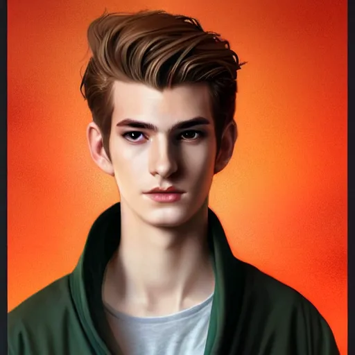 Prompt: colorful Captivating teenage boy with brown blond short quiff hair and facial structure like andrew garfield, brown eyes with red eye markers, slim body, wearing a detailed Japanese kimono with golden details, atmospheric lighting, painted, intricate, 4k, highly detailed by Charlie Bowater