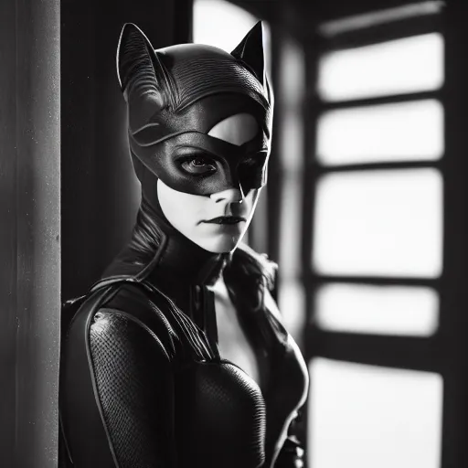 Image similar to Emma Watson as Catwoman, Fujifilm X-T3, 1/1250s at f/2.8, ISO 160, 84mm, 8K, RAW, symmetrical balance, Dolby Vision, HDR, Luminar AI