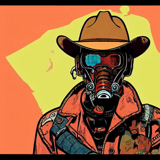 Prompt: biopunk cowboy from fallout new vegas, portrait illustration, pop art, splash painting, art by geof darrow, ashley wood, alphonse mucha, makoto shinkai, square dimension