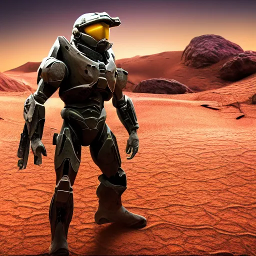 Prompt: ultra realistic 3 d render of master chief on a desert planet. epic image. action pose. explosions. sunrise. canon rf 2 4 - 7 0 mm f 2. 8 l is usm