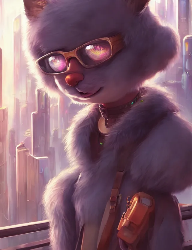 Image similar to cute young anthropomorphic furry in cyberpunk city | | cute - fine - face, pretty face, key visual, realistic shaded perfect face, fine details by stanley artgerm lau, wlop, rossdraws, james jean, andrei riabovitchev, marc simonetti, and sakimichan, trending on artstation