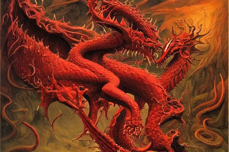 Image similar to a red dragon, fluid, smooth, organic, crazy, bright, colours, tumours, high contrast, sharpness, dramatic, very detailed, intricate, by giger and corben and moebius and beksinski and bosch and bacon