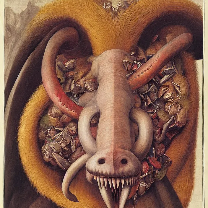 Image similar to close up portrait of a mutant monster creature with giant protruding eyes bulging out of their eye sockets, exotic orchid - like mouth, long colorful hair growing out of the nostrils, antelope horns. by jan van eyck, walton ford